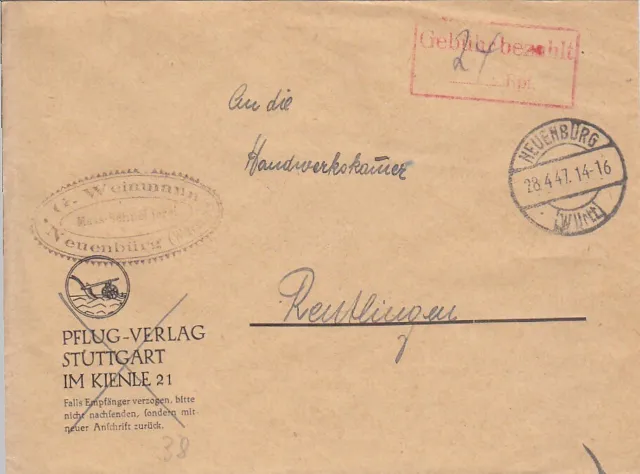 F.Zone - NEUENBÜRG  (Württ.)  - Gebühr bezahlt - Brief - 1947