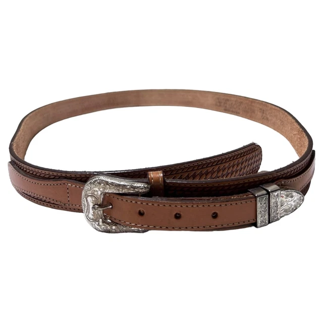 E&H Mens Cowhide Leather Belt Brown Adjustable Western Basketweave Buckle 44
