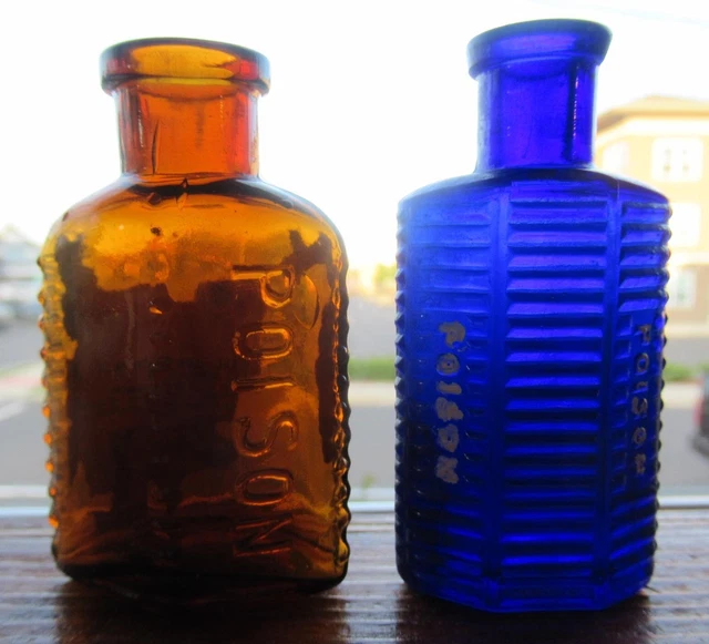 Pair Small Size Honey Amber & Cobalt Blue Poison Bottle Part Label One Bid Buys