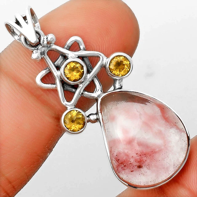 Watermelon Cherry Quartz & Citrine 925 Sterling Silver Pendant Jewelry P-1095