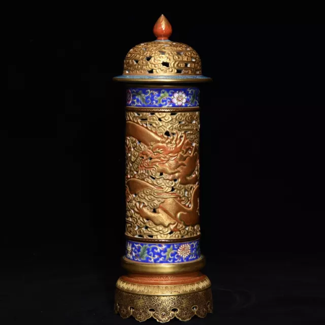 10.2" Qianlong Enamels Gilt Porcelain Hollow out Dragon Censer incense burner