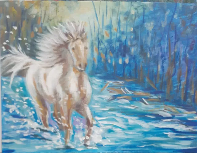 Art Painting  Acrylic  Impression Horse Running Snow   9x12"Debbie Waddington 2