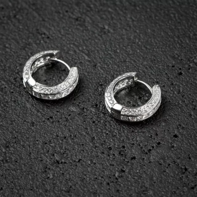 Mens Elegant Fully Iced Cz Small Sterling Silver Bling Hoop Huggie Earrings