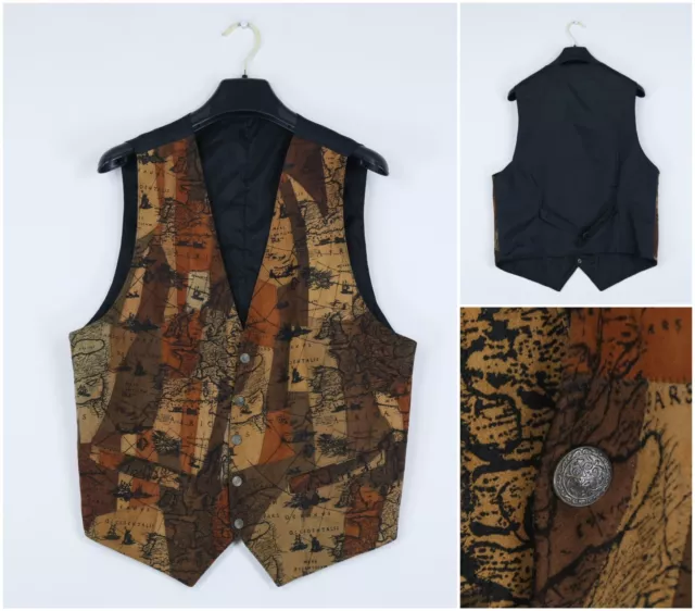 Mens Suede Leather Vest Large Size UK 42 Graphic C&A World Map Dress Waistcoat