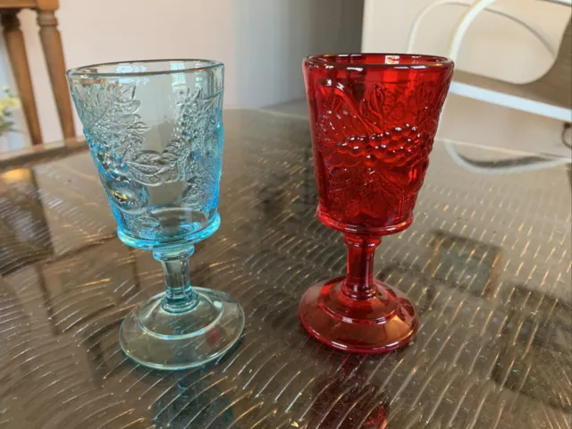 Lot (2) L. G. Wright Strawberry &  Currant Water Juice Glass Goblet Blue Red