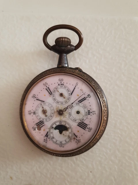 Montre De Gousset Régulateur Triple Quantième - Phase De Lune - Acier Noirci - 65mm - 1880s