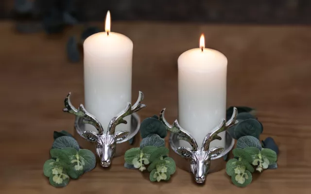 Stag Pillar Candle Holder Decoration Tealight Home Decor Silver Reindeer 2pc
