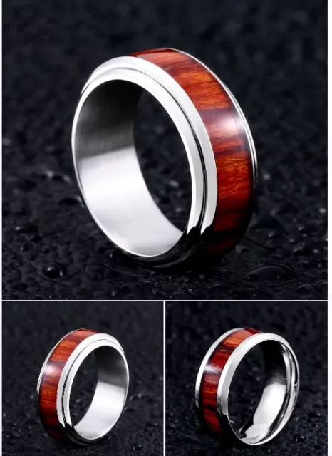 Titanium Steel Inlaid Solid Wood Punk Unisex Ring Retro Locomotive Rotates Ring