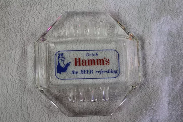 RARE 1950s DRINK HAMM'S BEER THE BEER REFRESHING GLASS ASHTRAY SIGN BEAR OCTOGON