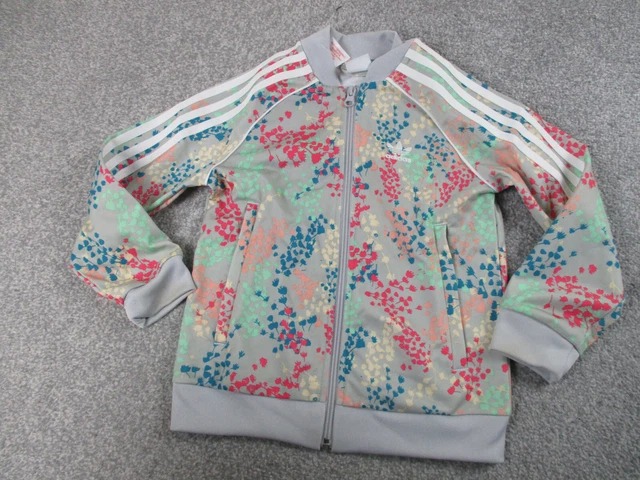 Giacca da pista Adidas ragazze 6-7 anni nera cerniera intera manica lunga floreale gioventù 2