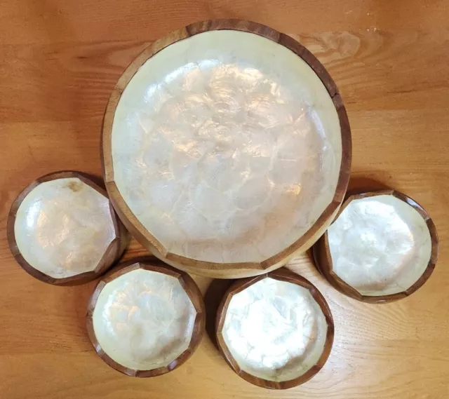 Capiz Shell Inlay Vintage Monkey Pod MCM Wooden 5 pc Salad Set Serving Bowls