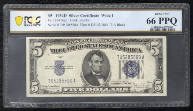 Fr. 1654 1934-D $5 Wide I Silver Certificate Pcgs Banknote Gem Unc-66Ppq (D)
