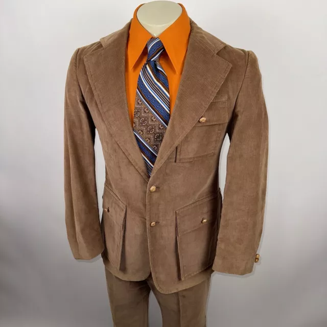 Vtg 60s 70s Suit 2 Piece Mens 40 Jacket 33 30 Pants Corduroy JCPenney Disco Mod