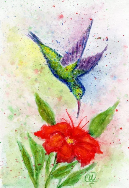 Hummingbird and Flower Original Watercolor Painting -Wildlife Handmade Art 8x12"