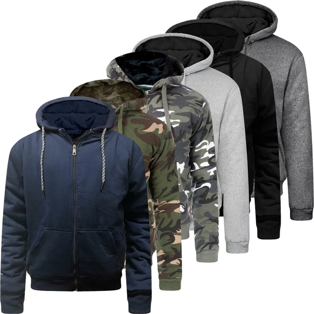 Ex-Brand Mens Fur Lined Winter Hoodie Jacket Thick Sherpa Fleece Hooded Zip Top