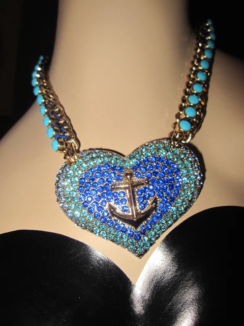 Betsey Johnson Anchors Away Large Bling Heart With Anchor Statement Necklace