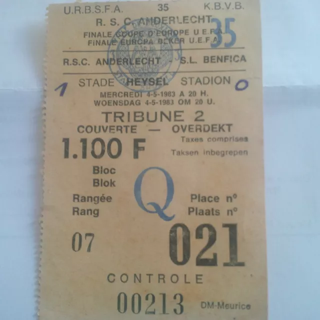 Anderlecht Benfica 1983 Uefa Cup Final original ticket Very Rare Heysel Stadium