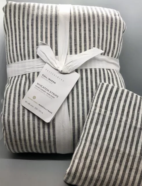 Pottery Barn Wheaton Stripe Linen/Cotton Queen Duvet Cover, Button, Gray +1 Sham