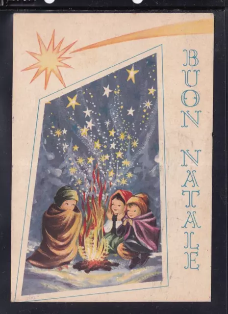 Cartolina Buon Natale Bambini Fuoco Stelle Z1333