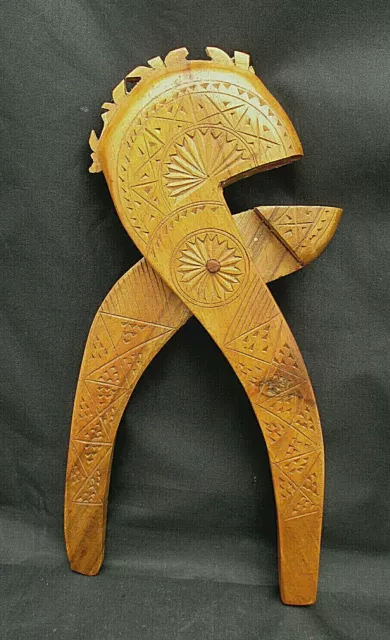 Hand Carved Wooden NUT CRACKER Tribal Ethnic Pattern Look 11" Unique EUC