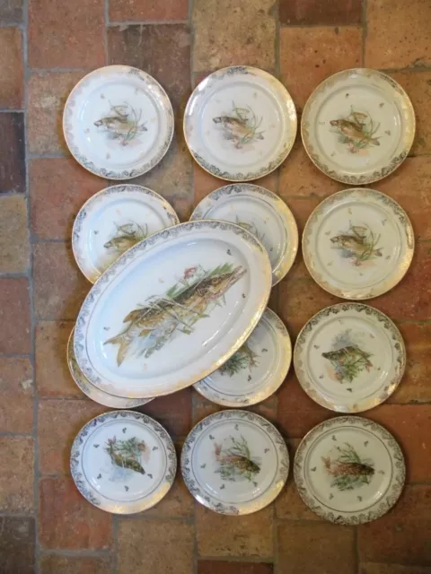 Service 12 assiettes et plat avec poissons en porcelaine de Limoges de 26,4  cm