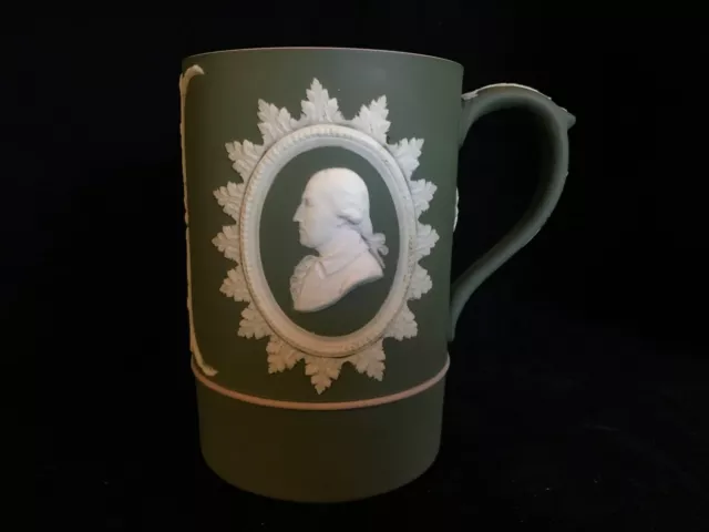 Wedgwood Dark Green Dipped Jasperware G Washington and Ben Franklin Tankard Mug