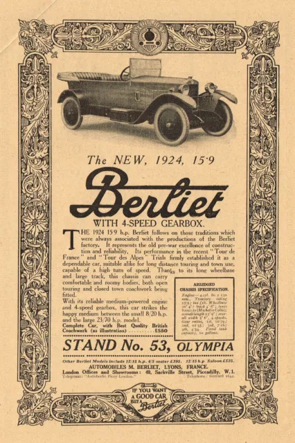 1923 Original Vintage 1924 Berliet Automobile Car Photo Art Print Ad