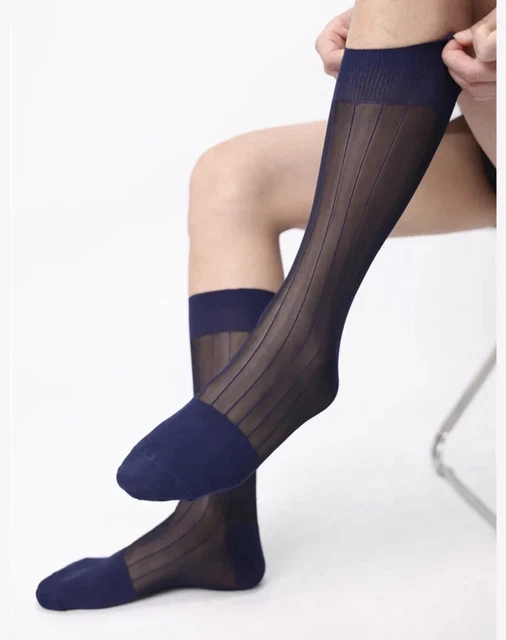 Lot De 2 Paires De Chaussettes Fines En Nylon Transparent Elegance - Bleu Marine - Taille 39-42 Homme - Neuves Avec étiquettes