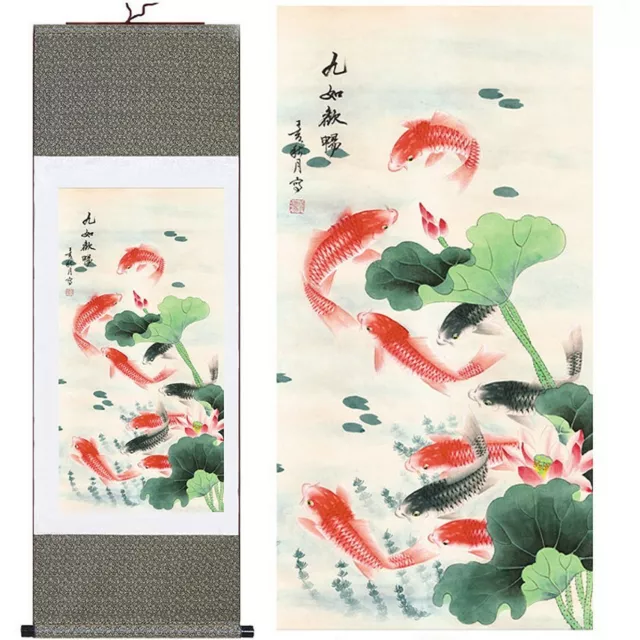 Chinese Koi Fish Nine Fishes Painting Print on  Silk Scroll Wall Hanging