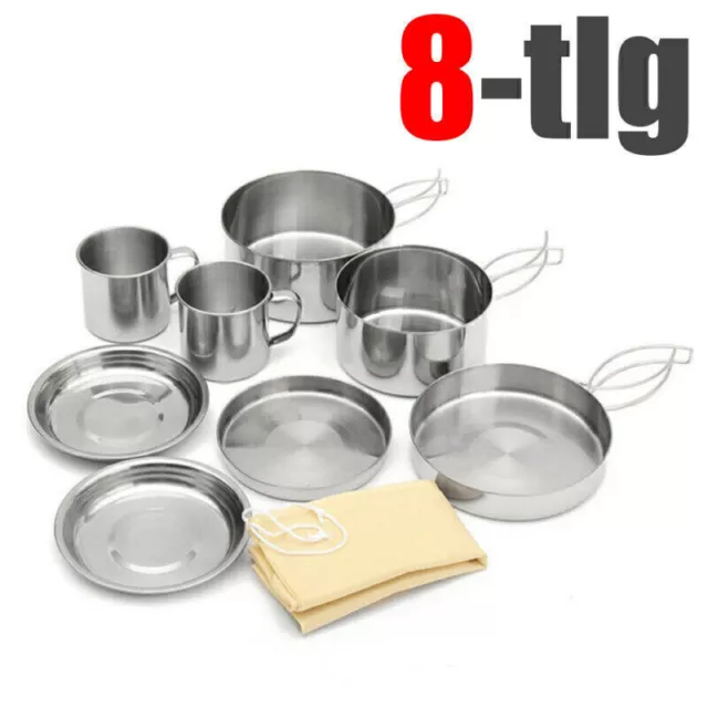 8 teilig Edelstahl Camping Kochset Kochtopf Set Kochgeschirr Topfset Outdoor TOP