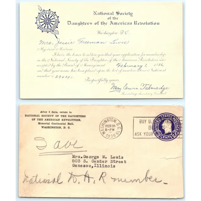1936 Acceptance Card Daughters of American Revolution Membership Envelope DAR 1B