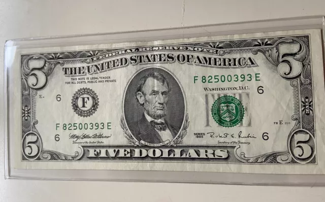 Vintage XF/AU 1995 Five Dollar ($5) Federal Reserve Note, F6 Atlanta