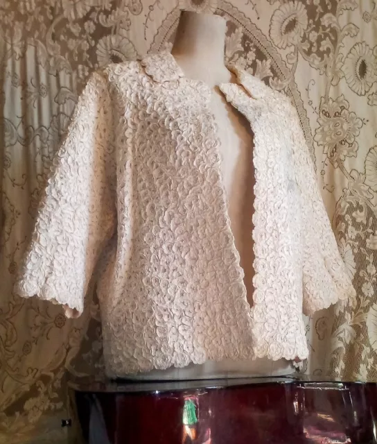 VTG 50s/60s BULLOCKS WILSHIRE Covered In Ribbon Rosettes, Knit Cropped Jacket M