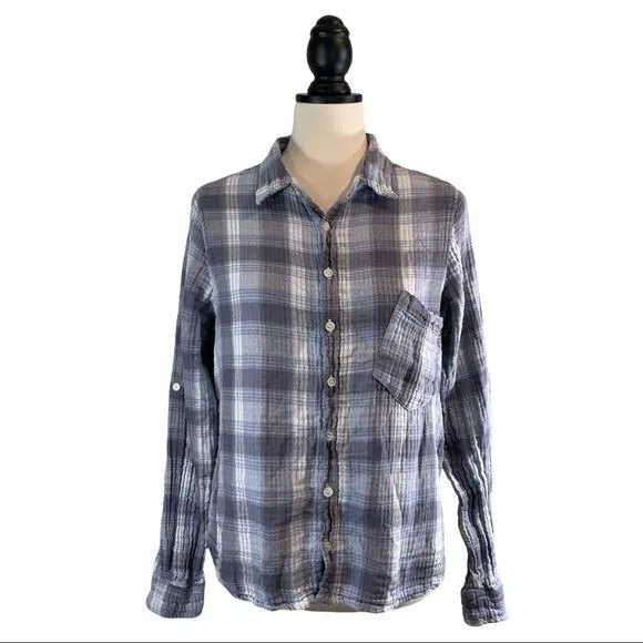 CP Shades Blue Plaid Button Up Shirt Gauzy Long Sleeve, Size S