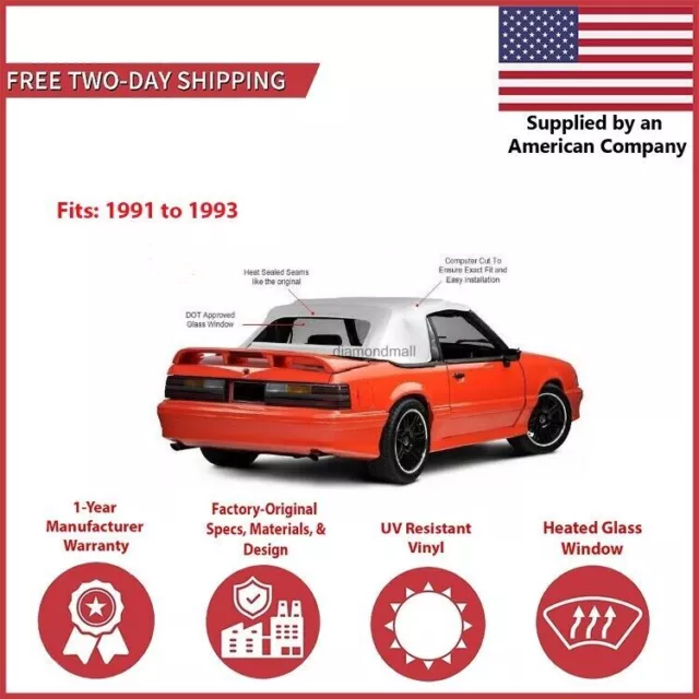 1991-93 Ford Mustang Convertible Soft Top w/ DOT Approved Glass Window, White