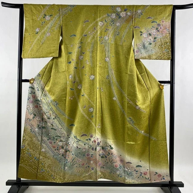 Woman Japanese Kimono Houmongi Silk Tsujigabana Gold Silver Yellowish Green