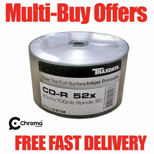 50 Traxdata Silver Inkjet Full Face Printable Blank CD-R 80 mins/700mb 52x RITEK