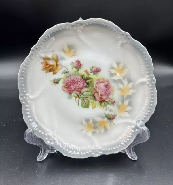 Leuchtenburg Germany 7-in Plate Pink Rose Silver Scallop Edge Beaded Lustreware