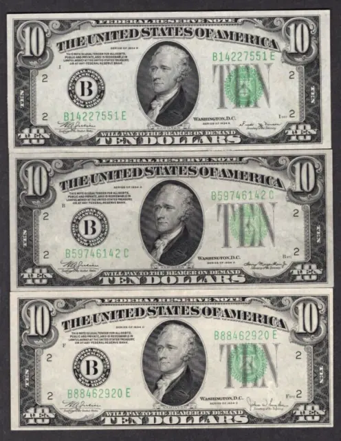 Lot of 3 1934 A-B-C $10 Ten Dollar Bills Green Seal S491