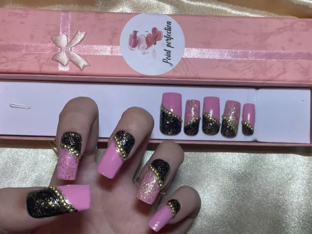 Hand painted false nails  glitz’s & Glam Inspired nails long, square, glitter.