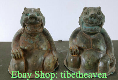 4.6" Old Chinese Bronze Ware Dynasty Palace Animal Black Bear Beast Statue Pair