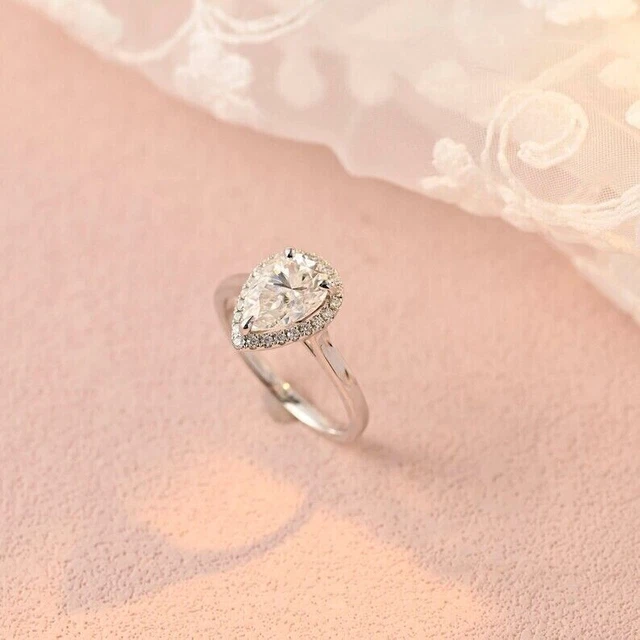 Anello Moissanit Halo con taglio a pera da 2,20 ct Anello di fidanzamento...