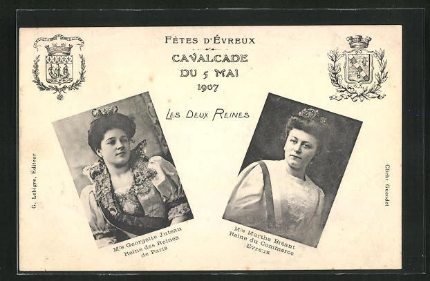 CPA Evreux, Fetes Calvalcade 1907, les Deux Reines Georgette Juteau et Marthe B