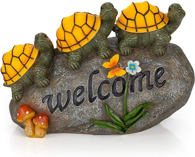 Welcome Turtles on a Rock Solar Powered LED Outdoor Decor Garden Light