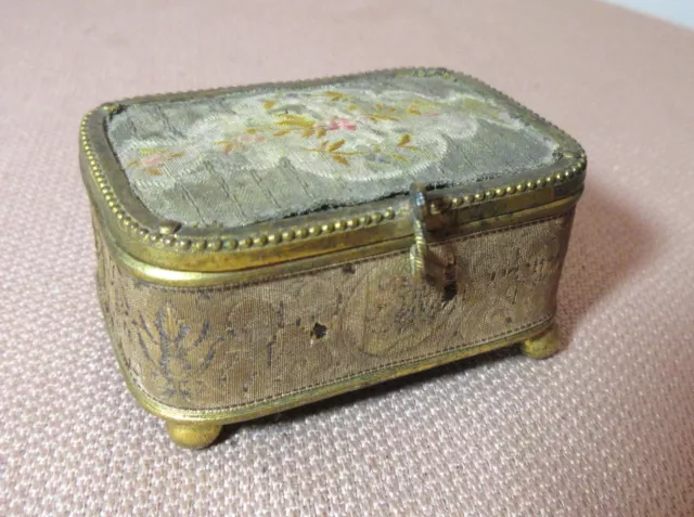 antique 19th century Victorian gilt bronze brass needlepoint ring jewelry box