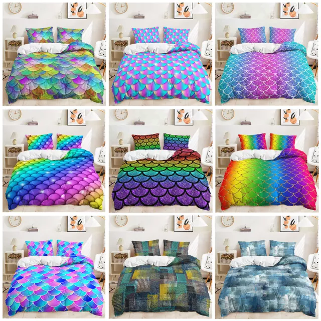 Ombre Gradient Colorful Fish Scales Mermaid Kids Duvet Doona Quilt Cover Bed Set