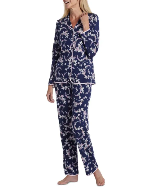 Miss Elaine Womens Floral-Print Notch-Collar Pajama Set,Peach/Lavender,Small