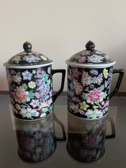 60’s Chinese Hand Painted Famille Noir Lidded Coffee Tea Mug Cup Jingdezhen 2pc