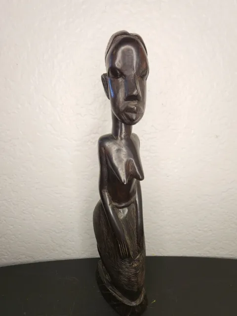 Vintage African Ebony Hand Carved Wood Figure Statue Tribal Woman Knelling