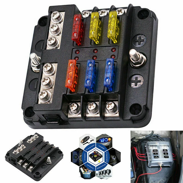 6-Way Auto Blade Fuse Holder Box Block with LED Indicator for 12V 24V Marine Car